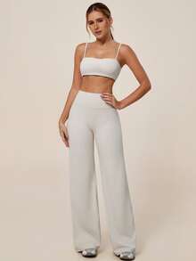 TimeOff Women's One Set Solid Color Spaghetti Strap Backless Bra High Waist Tummy Control Wide Leg Pants Sports Set - Apricot - View 7