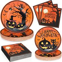 10pcs/20pcs/40pcs/60pcs Vintage Halloween Paper Tableware Set, Black Cat Ghost Tree 7/9 Inch Paper Plates 6.5 Inch Napkins, Orange & Black Halloween Party Supplies, Halloween Birthday Haunted House Theme Party Decoration Dinner Dessert Plates Napkins Set - Multicolor - View 1