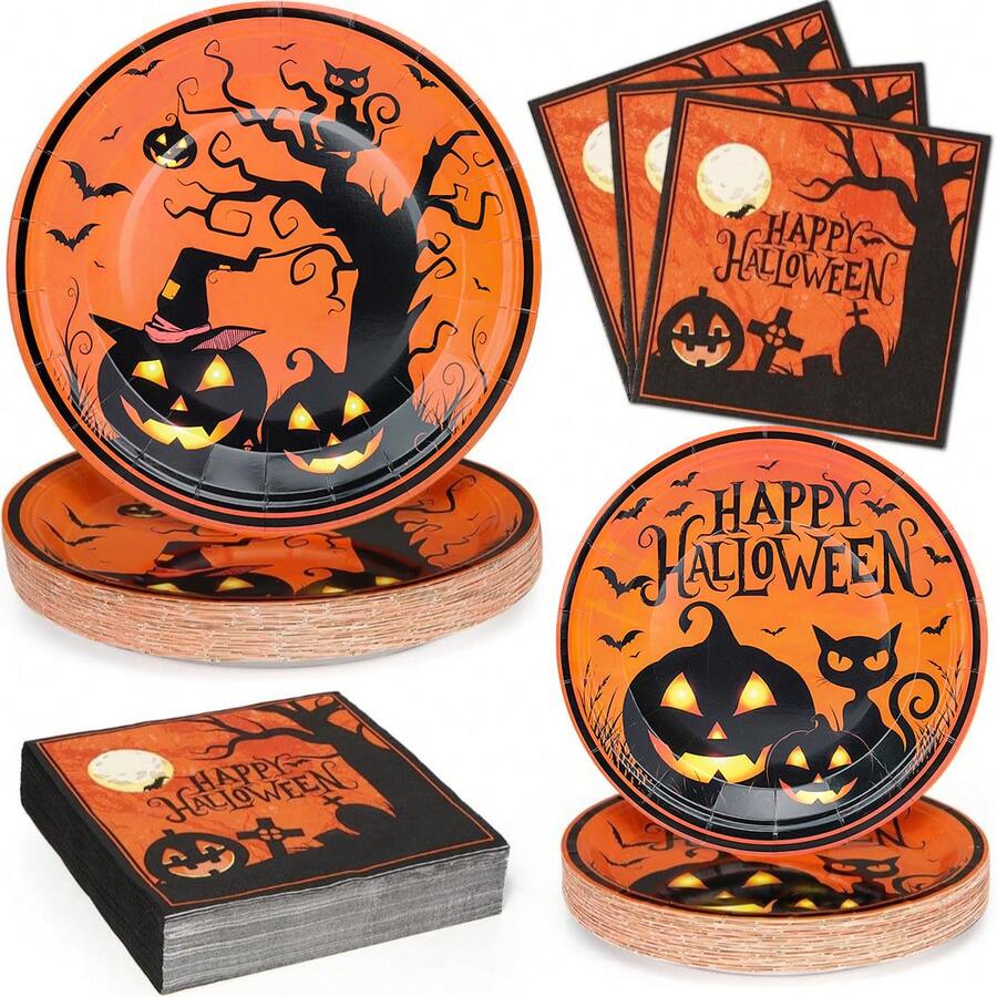 10pcs/20pcs/40pcs/60pcs Vintage Halloween Paper Tableware Set, Black Cat Ghost Tree 7/9 Inch Paper Plates 6.5 Inch Napkins, Orange & Black Halloween Party Supplies, Halloween Birthday Haunted House Theme Party Decoration Dinner Dessert Plates Napkins Set - Multicolor - View 1