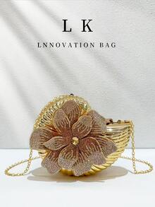 1件奢華金色水鑽花朵手提包，優雅女士貝殼造型晚宴手拿包，附金屬鏈條肩帶，適合派對、婚禮與晚禮服配件 - 彩色 - 查看 1