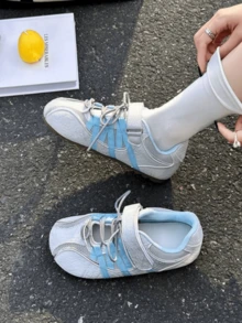 Korean Style Breathable Mesh Lace-Up & Hook-And-Loop Dual Closure Light Gray Blue Colorblock Commuter Versatile Flat Women's Shoes - Baby Blue - View 3
