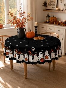 1 buah Taplak Meja Hantu Halloween Hitam, Hantu Putih, Lentera , Kelelawar, Jaring Laba-laba dan Cetakan Tanda BOO, Desain Tepi Bergelombang, Cocok untuk Pesta, Meja Makan dan Dekorasi Liburan Rumah - MultiWarna - View 2