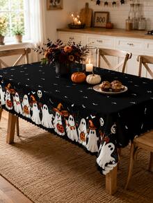 1 buah Taplak Meja Hantu Halloween Hitam, Hantu Putih, Lentera , Kelelawar, Jaring Laba-laba dan Cetakan Tanda BOO, Desain Tepi Bergelombang, Cocok untuk Pesta, Meja Makan dan Dekorasi Liburan Rumah - MultiWarna - View 1