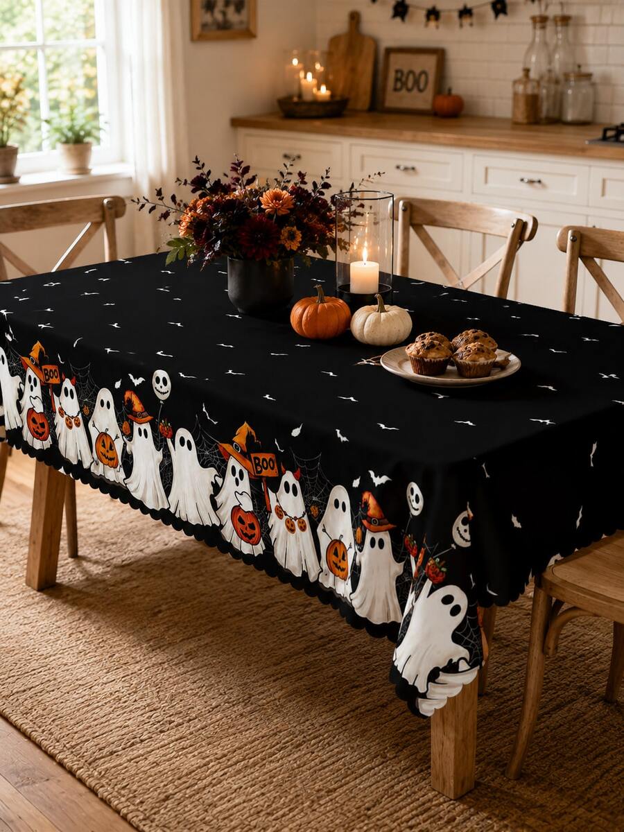 1 buah Taplak Meja Hantu Halloween Hitam, Hantu Putih, Lentera , Kelelawar, Jaring Laba-laba dan Cetakan Tanda BOO, Desain Tepi Bergelombang, Cocok untuk Pesta, Meja Makan dan Dekorasi Liburan Rumah - MultiWarna - View 1