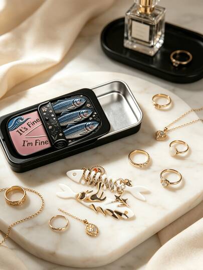 Vintage Sardine Mini Jewelry Storage Box, With Fish Bone Divider Snap Closure Sealed Portable Jewelry Box, Compartmentalized Storage For Earrings, Rings, Necklaces, Suitable For Commuting, Short Trips, Dorm Desk, Vanity Organizer, Ideal For Delicate Girls, Students, Jewelry Lovers, Qixi, Birthday, Best Friend Gifts, Portable Earring Box, Mini Jewelry Organizer, Portable Ring Storage Box, Cartoon Fish Bone Jewelry Box, Travel Small Jewelry Storage Box