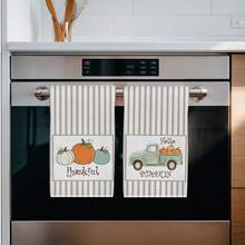 2pcs Light Brown Vertical Stripe Truck & Pumpkin Pattern Kitchen Towels, 40*60cm Soft Microfiber Tea Towels, Suitable For Home Kitchen Restaurant Outdoor Camping Tabletop Cleaning Dish Cloth Hand Towel Accessories, Autumn Atmosphere Holiday Gift - Multicolor - View 5