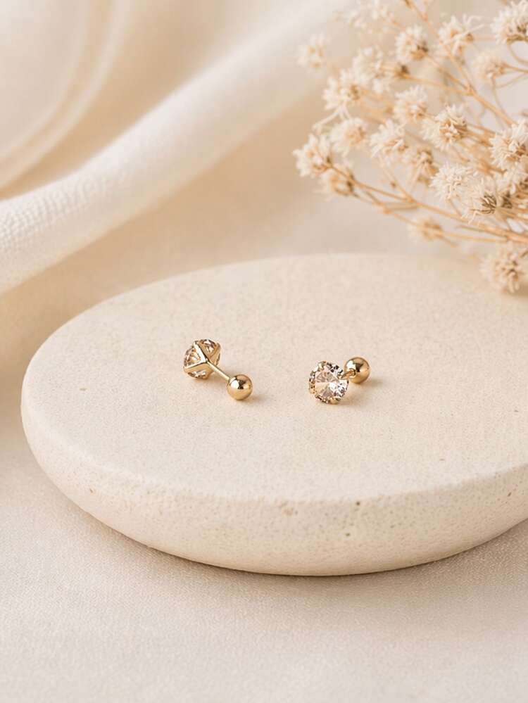 1 Pair 925 Sterling Silver Simulated Gemstone & Zirconia Stud Earrings, Fashionable Miniature Daily Versatile Casual Earrings For Women - Champagne - View 5