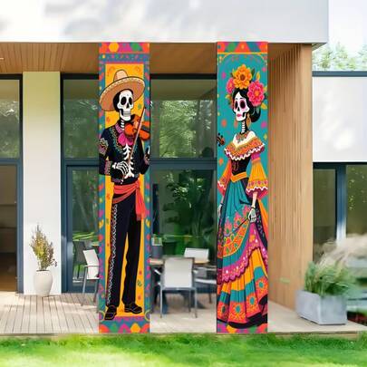 Ensemble de 1 bannière de fête plane 2D, en polyester, décorations mexicaines du Jour des Morts avec costumes traditionnels, musiciens et danseurs sous forme de crânes, à suspendre au mur, sans alimentation électrique - 1