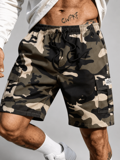 Men's Spring/Summer Casual Elastic Waist Multi-Color Cargo Shorts, Loose Fit, Camouflage Pattern, Vintage Workwear Style