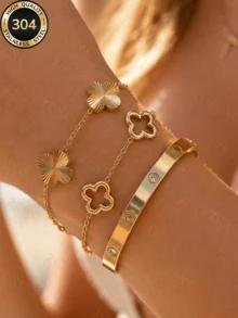 Znice Fashion Stainless Steel + Copper 18K Gold Plated Women's Floral Rhinestone Bracelet With Luxury Four-Leaf Clover Bracelet Set, Suitable For Women's Daily Wear, Holiday Gift, Fashion Women's Bracelet Set - Gold - View 3