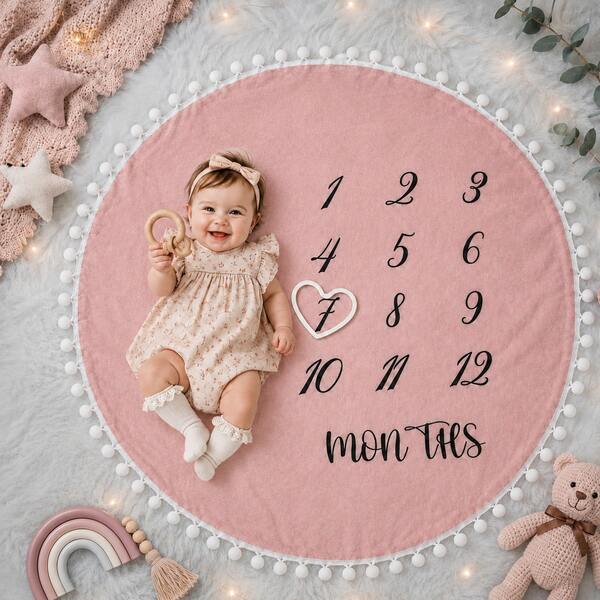 Selimut Penanda Pertumbuhan Bulanan Bayi 6 Warna, Properti Foto Pencatatan Pertumbuhan Bayi Baru Lahir Bentuk Bulat dengan Hiasan Pom Pom dan Spidol, Latar Belakang Fotografi Bayi Gaya Bohemian