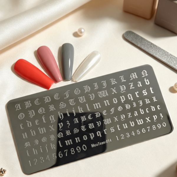 Mouteen MouTen014 Gothic Vintage Letter Nail Art Print Plate, Old English Letter & Number Nail Transfer Template