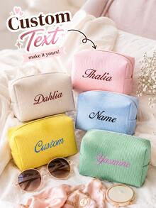 Personalized Canvas Makeup Bag, Heart Print, Fashionable Makeup Storage Bag, Customized Name Travel Storage Bag, Women's Fashionable Makeup Storage Bag - Multicolor - View 3