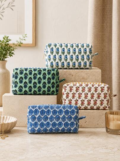 Quilted Floral Print Makeup Bag, Large Capacity Travel Cosmetic Bag, Suitable For Storing Toiletries, Skincare Products And Daily Beauty Essentials