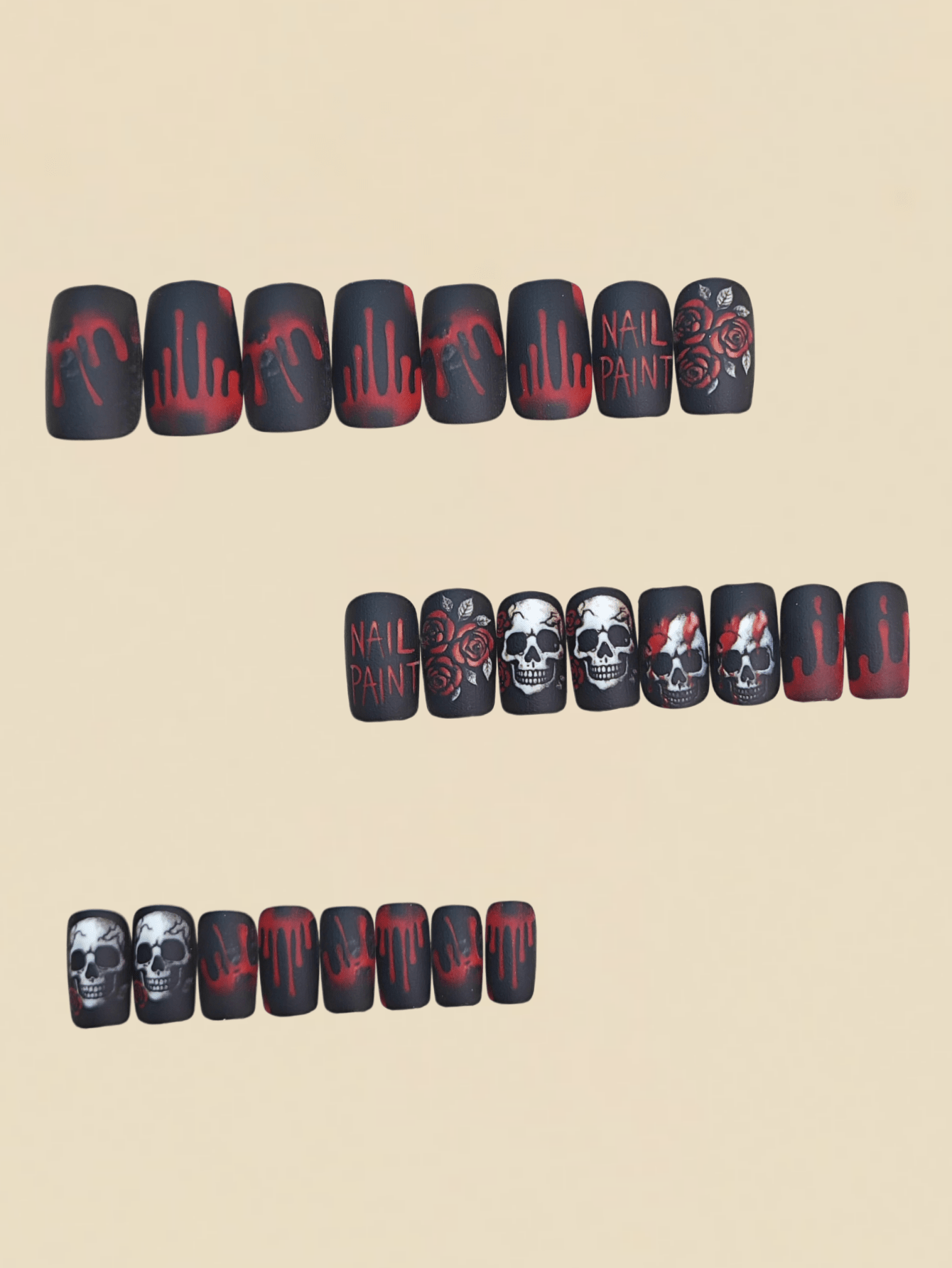 24pcs Vintage Red Rose Skull Dark Style Halloween Costume Accessories Wearable Fake Nails Manicure Supplies Y2K Cute Almond Shape - Red - View 2