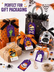 12/24/96pcs Halloween Gift Tags With Strings Cute Pumpkin Ghost Skull Spider Web Witch Labels For Candy Bags Party Favors Gifts And Invitations - Multicolor - View 3