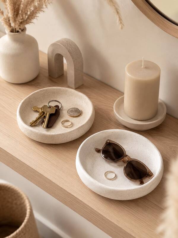 Bandeja redonda para joyas, plato decorativo con lunares, apto para anillos, pendientes, relojes, gafas de moda y llaves, decoración minimalista de color crema, apto para tocador de dormitorio, consola de entrada, mesa de tocador, estantería, regalo para mujeres