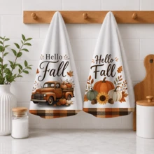 2pcs Set, Truck And Pumpkin Plaid Design Style Hand Towels, Ultra-Fine Microfiber Absorbent Towels, Suitable For Bathroom Cleaning, Home Cooking, Baking, Outdoor Activities, Tea Party Decoration And Home Use - Multicolor - View 10