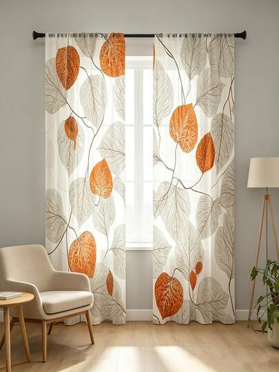 2PCS Digital Print Sheer Curtains, Orange Leaf Vein Botanical Pattern, Autumn Natural Drapes For Living Room Bedroom Decor