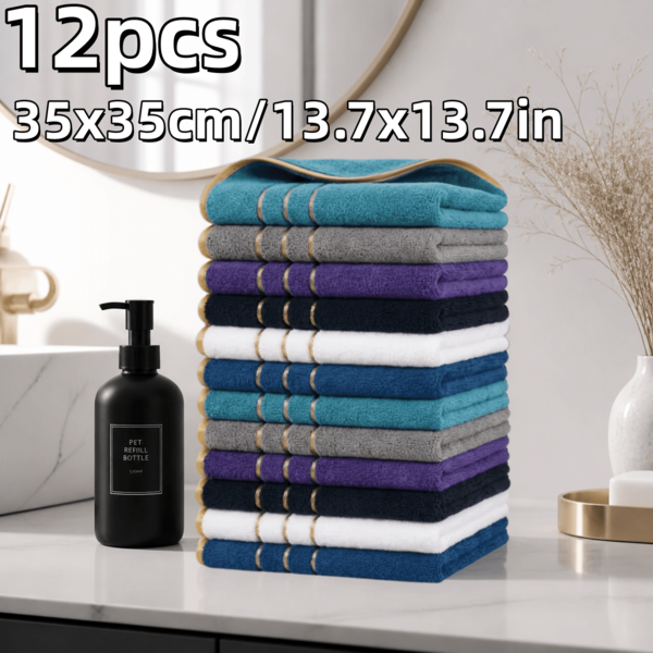 12pcs Gold Thread Embroidered Square Towels, 13.7x13.7 Inches, Quick Dry, High Absorbency, Lightweight, Suitable For Home, Hotel And Spa, Made Of 80% Polyester And 20% Nylon, Modern Style, Ultra-Fine Microfiber Material, Weight 300g/Sqm