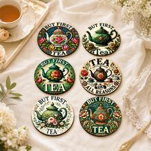 6入組復古花卉茶壺印花圓形杯墊，5英吋 8/24套防滑橡膠底咖啡杯墊，適用於廚房、餐桌、辦公室、咖啡廳與茶會裝飾 - 彩色 - 查看 3