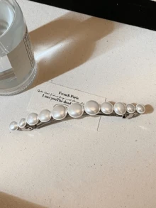 1件韓式手工珍珠髮夾，極簡INS風短髮與半紮髮用髮飾，優雅高級法式髮飾 - 白色 - 查看 4