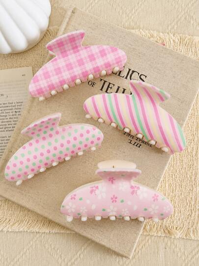 4pcs Pink Floral Striped Plaid Polka Dot Print Round Hair Clips & Half-Moon Hair Claws, Half-Bun Styling Clips, Hair Claws For Fixing Hair, Sectioning And Smoothing Flyaways, Bohemian Soft Pastoral Style, Smooth Texture, Casual Street Style Afternoon Tea Hair Accessories Beach Vacation Hair Clips