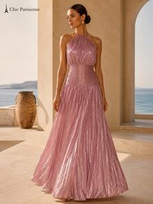 Dusty Rose Metallic Plissé Halter Maxi Dress - 重量 - 查看 9