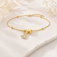 1pc New Classic Gold Color Bubble Initial Heart Stainless Steel Bead Bracelet For Women - Yellow Gold - View 3