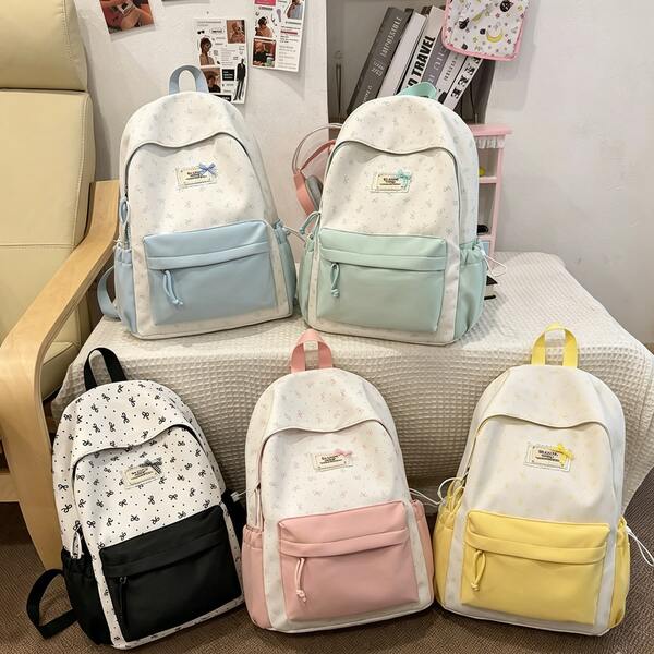 1pc Macaron Color-Block Bow Print Campus Backpack, Leather Front Pocket, Waterproof Nylon Student Travel Commute Backpack