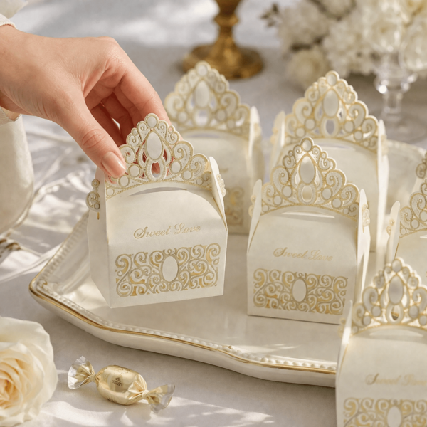 10 piezas Cajas de regalo de boda elegantes con corona hueca, cajas de dulces y postres con encaje hueco "Dulce Amor", cajas de embalaje pequeñas portátiles, adecuadas para bodas, fiestas de cumpleaños, despedidas de soltera, banquetes festivos, recuerdos para invitados y decoración de almacenamiento de chocolate