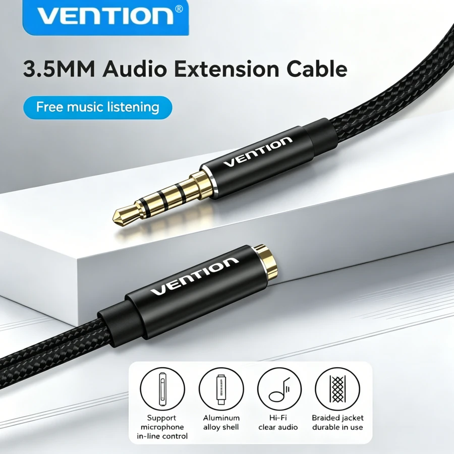 VENTION 3.5mm AUX 延長線,公對母音訊線,尼龍編織立體耳機線,音訊插孔延長線,相容於筆記型電腦、PC、MP3播放器、喇叭 - 黑色 - 查看 1