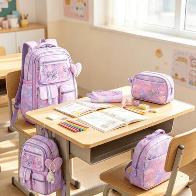 Women's Backpack, Handbag And Small Portable Bag Set, With Backpack Charm, Large Capacity Multi-Pocket, Gradient Color, Adjustable Shoulder Strap, Suitable For Daily School And Commute