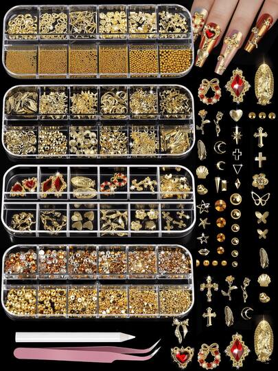 Kit de 4 cajas de adornos para uñas dorados, tachuelas de metal huecas surtidas, corazón de esmalte, Virgen María, cruz, lazo, mariposa, adornos florales y celestiales, set de joyería de lujo todo en uno con pinzas y bolígrafo de cera para suministros de manicura DIY, gemas para uñas