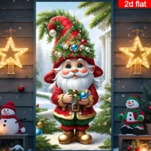 Cortina de puerta de elfo navideño 2D plana, personaje de dibujos animados lindo con decoraciones navideñas, esquema de color rojo y verde, poliéster duradero, sin necesidad de energía, adecuado para decoración con tema navideño, se puede usar para decoración de pared, puerta y ventana interior/exterior, decoración de ambiente festivo, hogar, centro comercial, estudio, escena exterior universal, material de poliéster, sin necesidad de energía - A - Ver 3