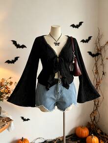Bohemian Style Rose Textured Knit Top, Elegant Casual Romantic Ruffle Tie Top, Suitable For Autumn/Winter And Halloween Black - Black - View 3