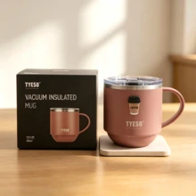 Tyeso 330ML Premium Double Wall Vacuum Stainless Steel Coffee Mug With Coffee Sticker Comfort Handle Clear Lid Durable Office Travel Water Cup For Daily Party For Hot And Cold Drinks - Multicolor - View 2