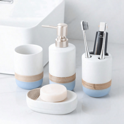 4-Piece Bathroom Accessories Set Luxury Bathroom Accessories Ceramic Bath Set Lotion Bottle, Toothbrush Holder, Toothpaste Cup, Soap Dish, Birthday, Holiday, Housewarming Gift Set, Black And White Home Bathroom Decor Summer