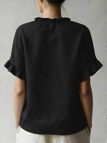 Solid Color Ruffle Trim Short Sleeve Casual Shirt Black Summer - Black - View 3