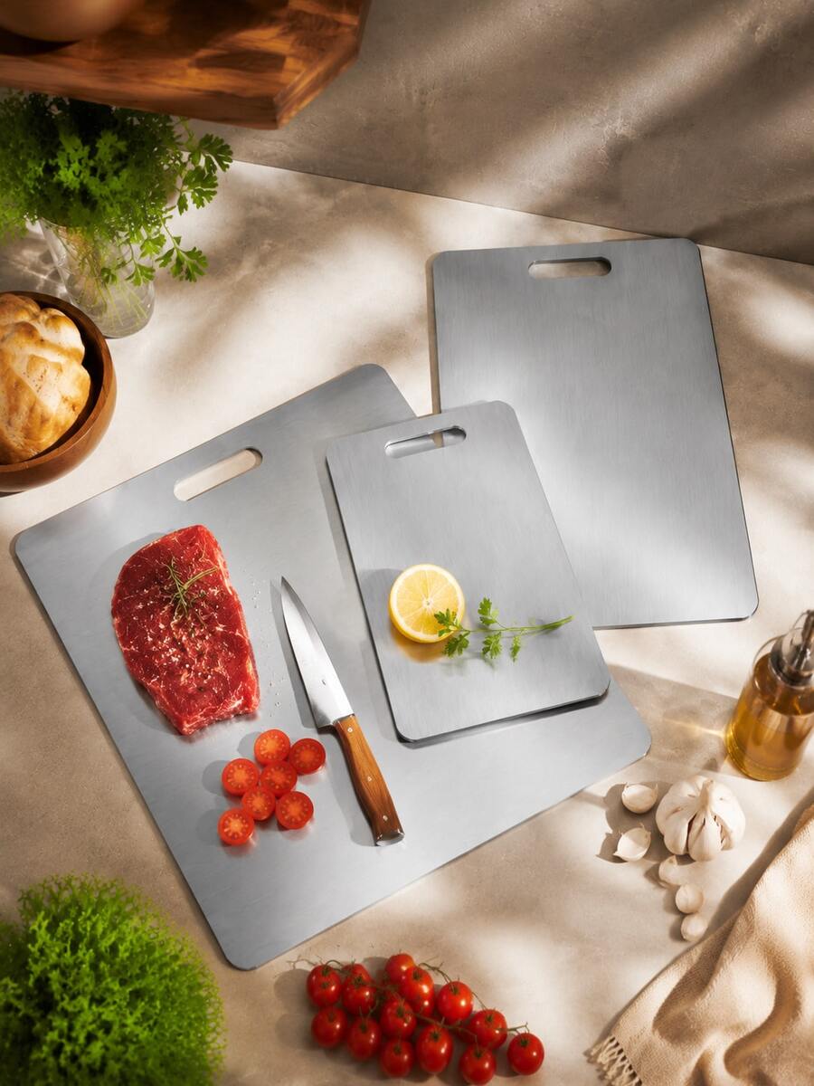 3pcs Stainless Steel Cutting Board Set / Thick & Durable Chopping Board Set | Easy To Clean, Rust-Proof, Mold-Resistant, Space-Saving, Suitable For Home Kitchen | Ideal For Vegetables, Fruits, Fish And Meat, Separate Use For Better Hygiene