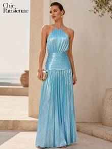 Lagoon Blue Metallic Plissé Halter Maxi Dress - 湖藍色 - 查看 1
