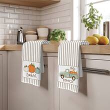 2pcs Light Brown Vertical Stripe Truck & Pumpkin Pattern Kitchen Towels, 40*60cm Soft Microfiber Tea Towels, Suitable For Home Kitchen Restaurant Outdoor Camping Tabletop Cleaning Dish Cloth Hand Towel Accessories, Autumn Atmosphere Holiday Gift - Multicolor - View 9