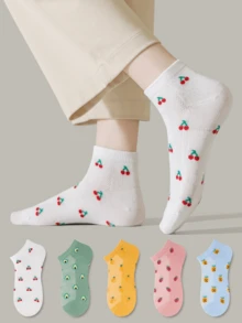 ZUJO 5 Pairs Women's Candy Color Short Socks, Fruit & Cherry Pattern, Suitable For Year-Round Home & Travel, Random Colors - Multicolor - View 7