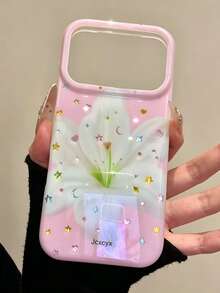 美學可愛花卉亮面雷射手機殼，適用於 iPhone 17ProMax 17Pro 17 16ProMax 16Pro 16 15 14 13 Pro Max，時尚之星軟背蓋禮物 - 粉紅白百合 - 查看 2