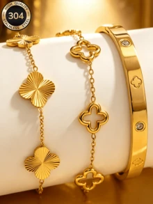 Znice Fashion Stainless Steel + Copper 18K Gold Plated Women's Floral Rhinestone Bracelet With Luxury Four-Leaf Clover Bracelet Set, Suitable For Women's Daily Wear, Holiday Gift, Fashion Women's Bracelet Set - Gold - View 1