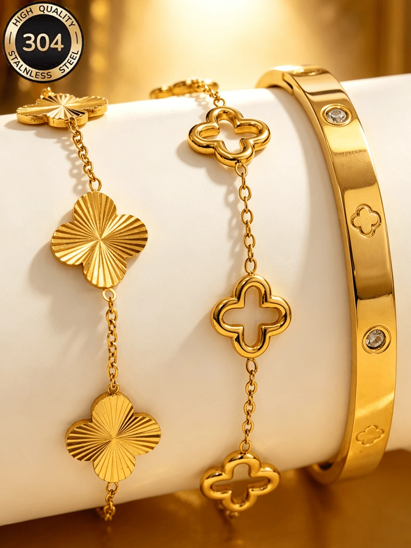 Znice Fashion Stainless Steel + Copper 18K Gold Plated Women's Floral Rhinestone Bracelet With Luxury Four-Leaf Clover Bracelet Set, Suitable For Women's Daily Wear, Holiday Gift, Fashion Women's Bracelet Set - Gold - View 1
