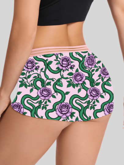Dircho 1pc All Over Print Green Snake & Floral Boxer Panties, Sexy Sheer Mesh Elastic Waistband Boy Shorts Underwear For Women Daily Sleepwear