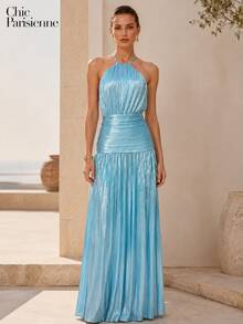 Lagoon Blue Metallic Plissé Halter Maxi Dress - 湖藍色 - 查看 2