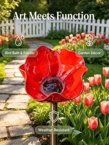 Flower Bird Feeder Metal Garden Stake Bird Bath Outdoor Yard Decor Wild Bird Feeding Station Weather-Resistant Easy Installation Red Flower Ornament - Multicolor - View 13