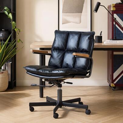Home Office Desk Chair, Ergonomic Leather Computer Chair With Wheels And Oak Armrests, Height-Adjustable Swivel Executive Chair WL